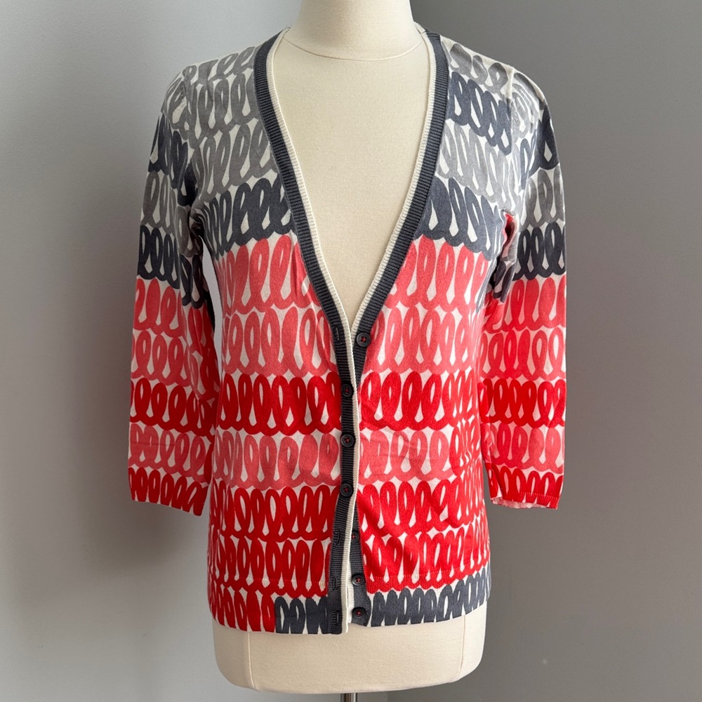 Anthro Field Flower Stylish Red, Coral and Gray Women's Cardigan Sweater